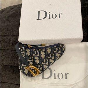 Auth Christian Dior Trotter Saddle Coin Key Case Canvas Leather Blue